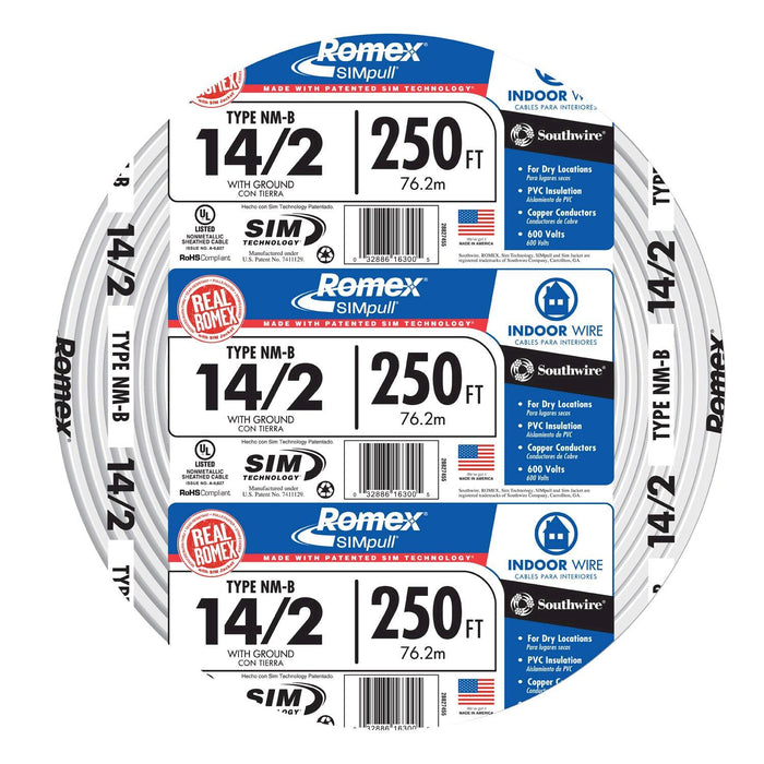 Southwire Romex 14/2 (14 AWG/2 Conductors) Non-Metallic B-Wire With Ground - 250 Ft