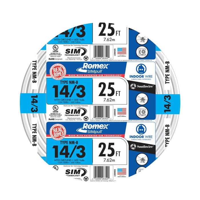 Romex SIMpull 14/3 Cable interior W/G - 25'
