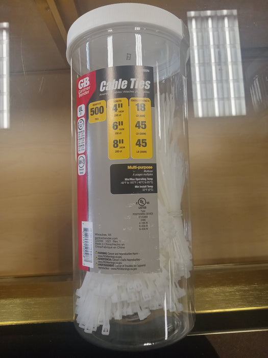 Gardner Bender Clear Cable Ties. 4", 6", 8" (500pc)