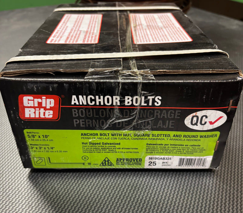 Grip Rite 5/8" x 10" Anchor Bolts – 25-Pack (Model 5810GAB325)