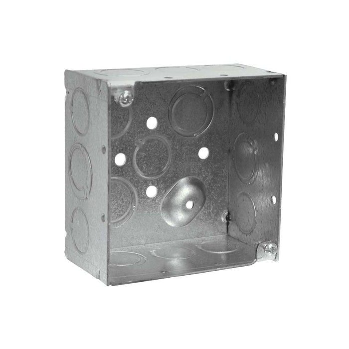 4 IN. SQUARE BOX, WELDED, 2-1/8 IN. DEEP, TEN 1/2 IN KO'S & SIX EKO'S, RAISED GROUND
