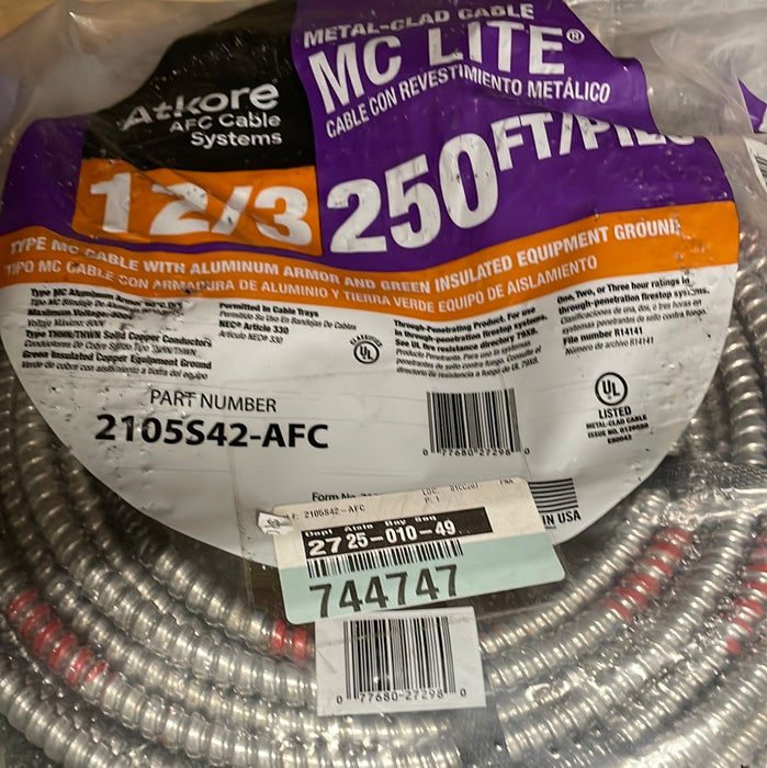 Cable MC Lite sólido de 12/3 x 250 pies